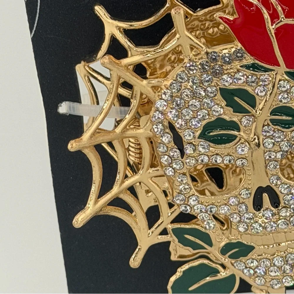 Nicole Miller Gold-Tone Crystal Skull Hair Claw Clip with Red Rose and Web